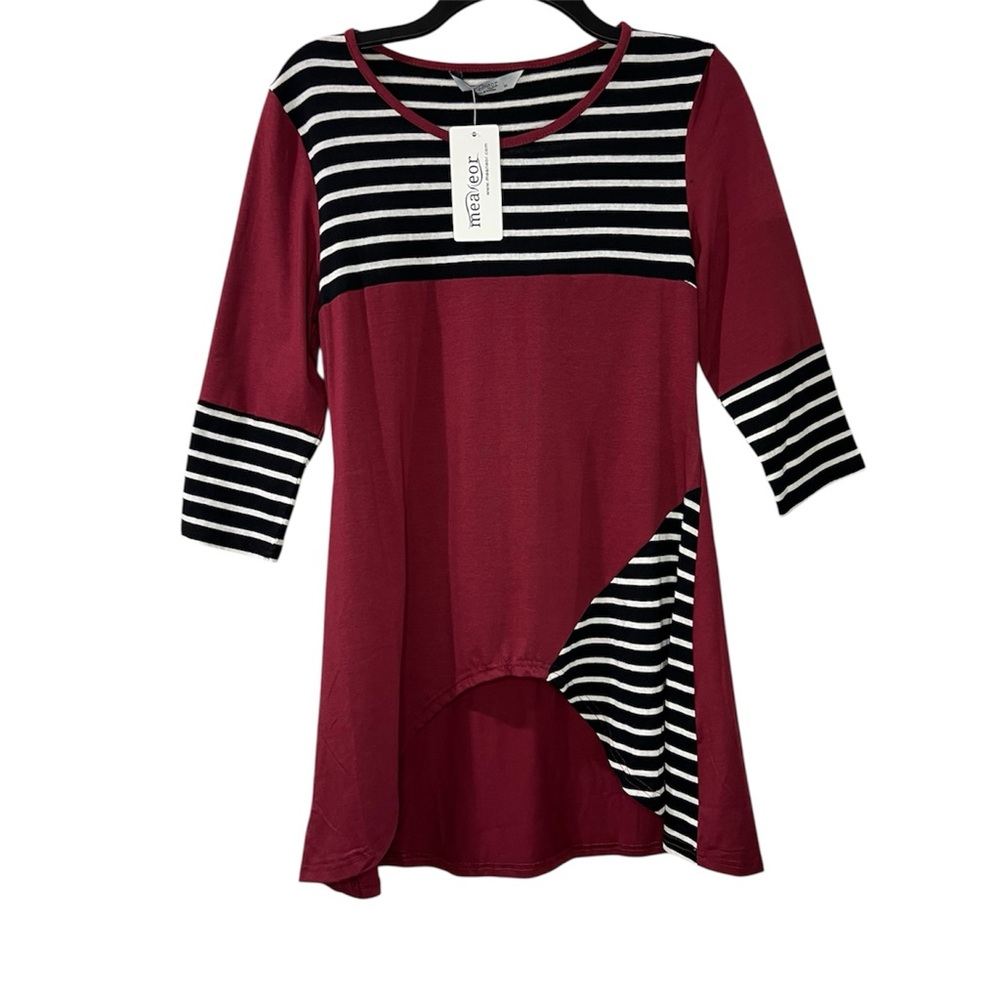 Meanor Color-blocked Asymmetrical Half Sleeve Burgundy and Black Striped Tunic